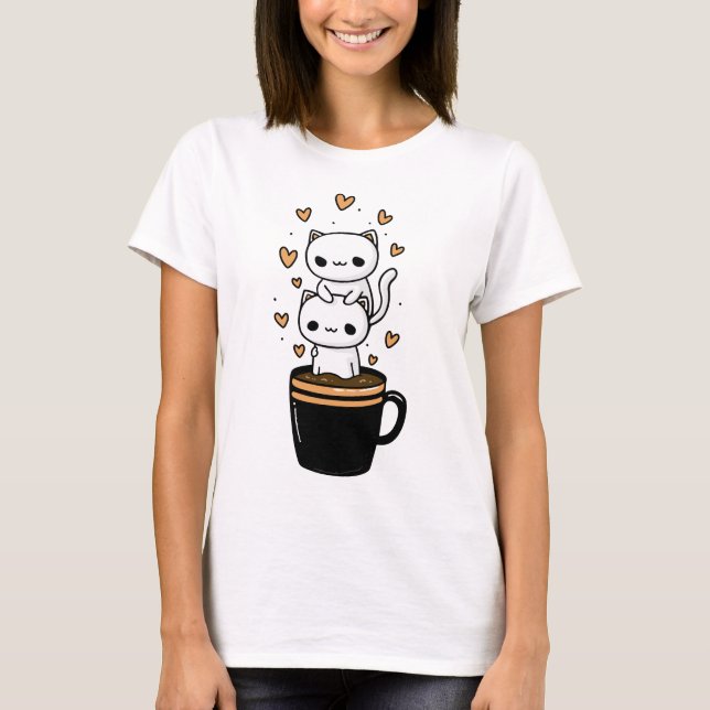 Mignon T-Shirt Chat Kawaii Buvant Café Mug Cœurs (Devant)