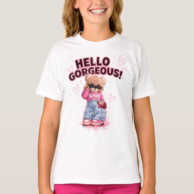 Mignon Teddy Bear de Mode T-Shirt Hello Magnifique (Devant)