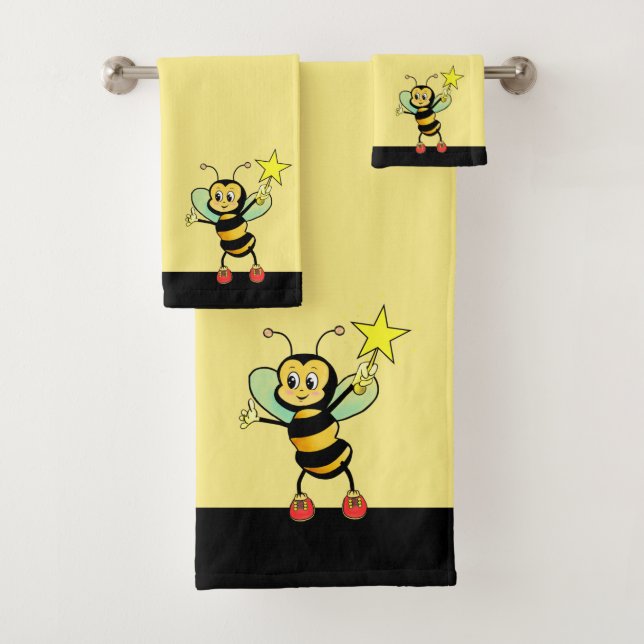 Mignonne abeille sur serviette de bain noire et ja (En situation)