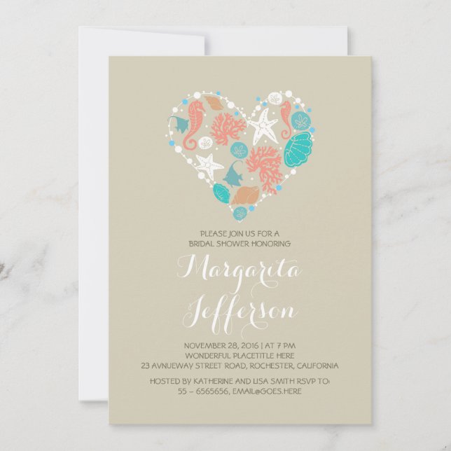mignonne amour coeur plage nuptiale invitations (Devant)