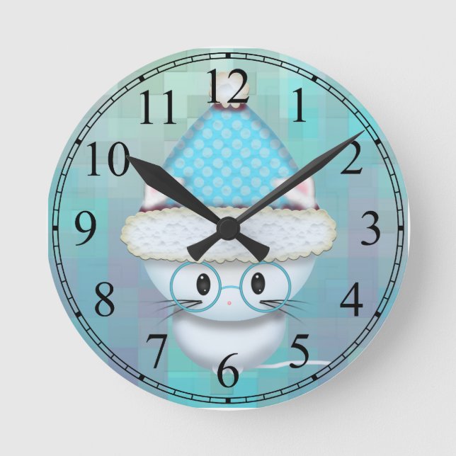Mignonne Blanc Kitten Turquoise Horloge murale (Recto)