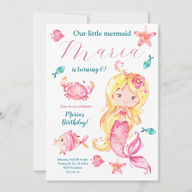Mignonne Blonde Mermaid Anniversaire Invitation (Devant)
