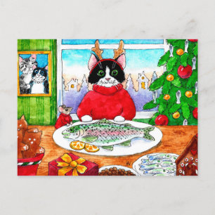 Mignonne chat poisson carte postale de Noël hiver