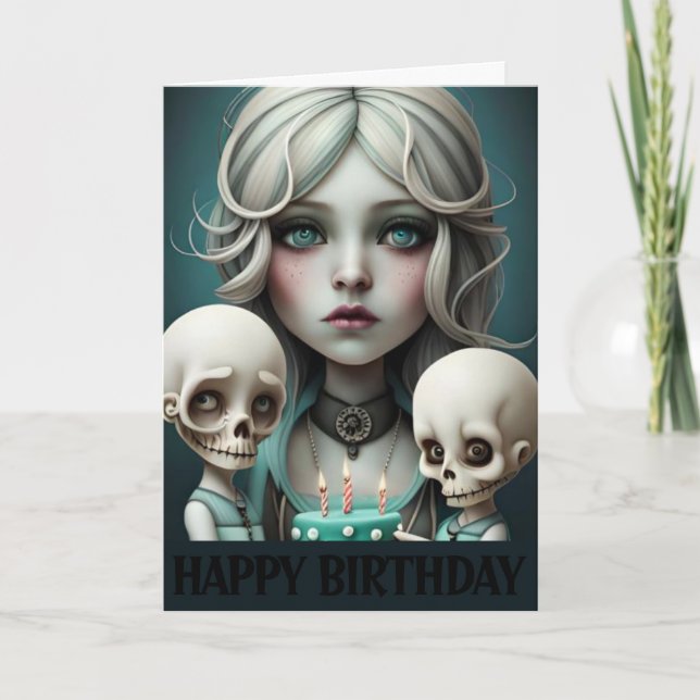 Mignonne fille carte d'anniversaire crânes, humour (Devant)