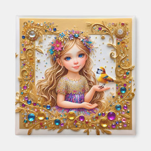 Mignonne fille Vintage tenant Oiseau ~ Aimant