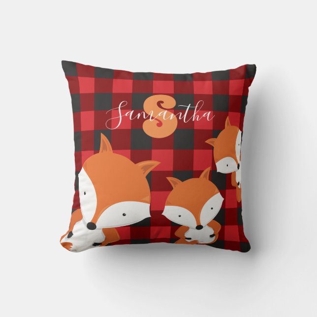 Mignonne Fox Monogramme Nom Plaid Jeu Oreiller (Recto)