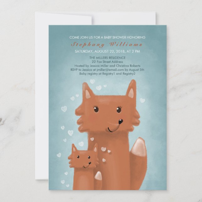 Mignonne Foxes Maman Avec Invitation Baby shower (Devant)