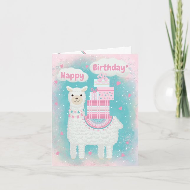 Mignonne lama rose et turquoise avec cadeaux (Devant)