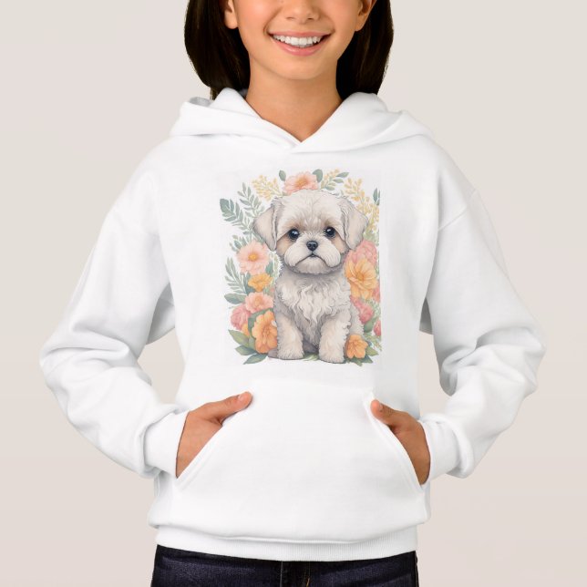 Mignonne Maltese Chiot Fleurs d'été Filles Sweat - (Devant)