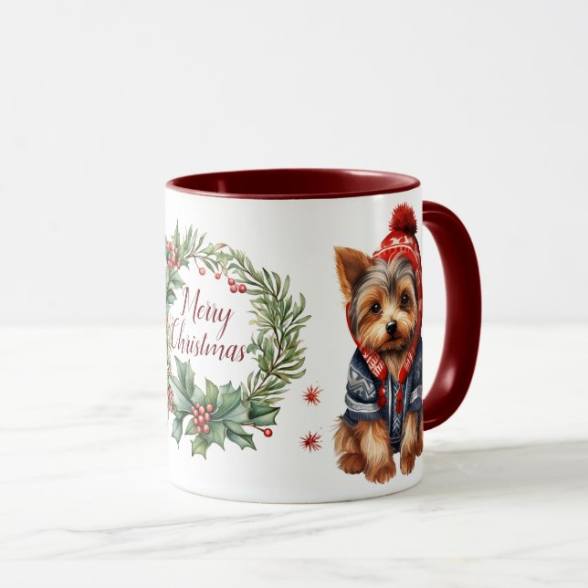 Mignonne Merry Yorkshire Terrier Chien de Noël Mug (Devant droit)