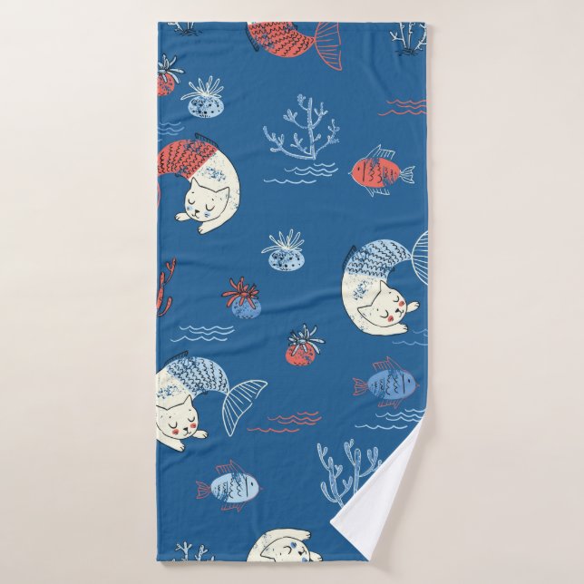 Mignonne petite sirène de chat sans couture motif. (Serviette de bain)