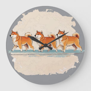 mignonne shiba inu marche en ligne grande horloge
