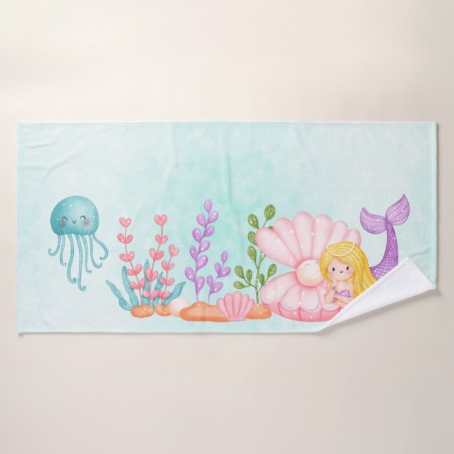 Mignonne sirène sous l'aquarelle de la mer (Serviette de bain)