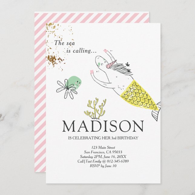 Mignonne Sirène Unicorn Faux Gold Invitation Anniv (Devant / Derrière)