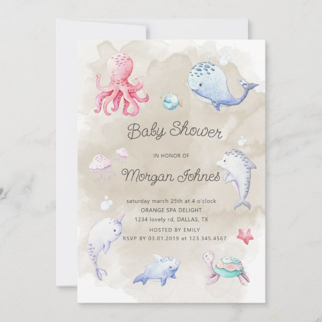 Mignonne sous le Baby shower d'aquarelle de mer (Devant)