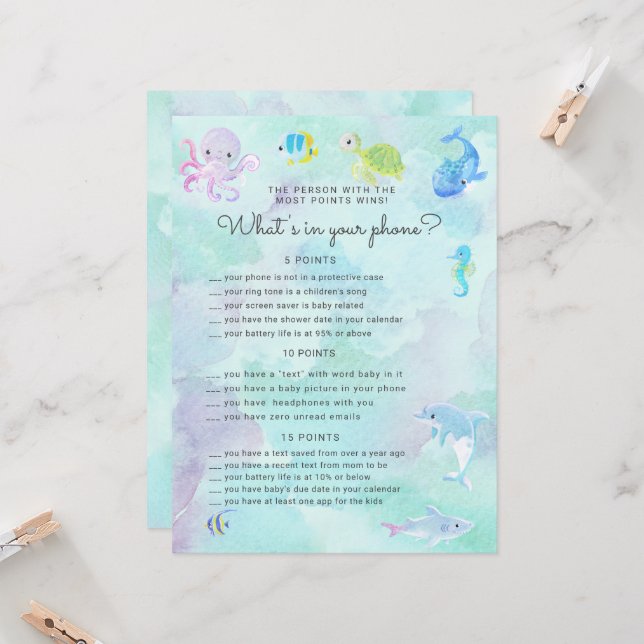 Mignonne Under the Sea Baby shower Phone Game Card (Devant/Arrière en situation)