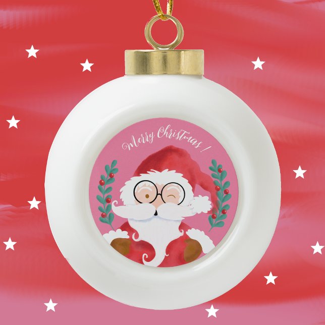 Mignonne Winking Père Noël Rose Joyeux Ornement de (Cute modern winking Santa ceramic ball ornament .)