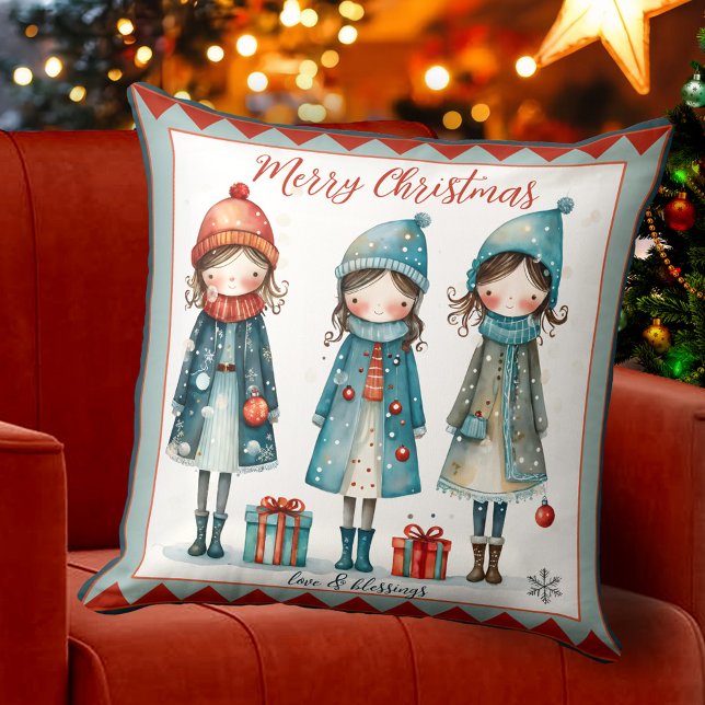 Mignonnes filles Whimsical Festin Coussin de Noël (Christmas Holidays pillow with a cute whimsical design showing 3 girls bringing gifts and blessings)