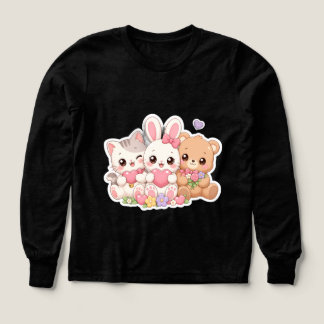 Mignons amis animaux Kawaii Cœurs Fleurs Pastel T