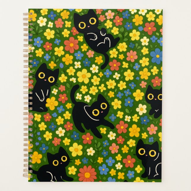 Mignons Chats Noirs Motif Floral de Prairie (Devant)