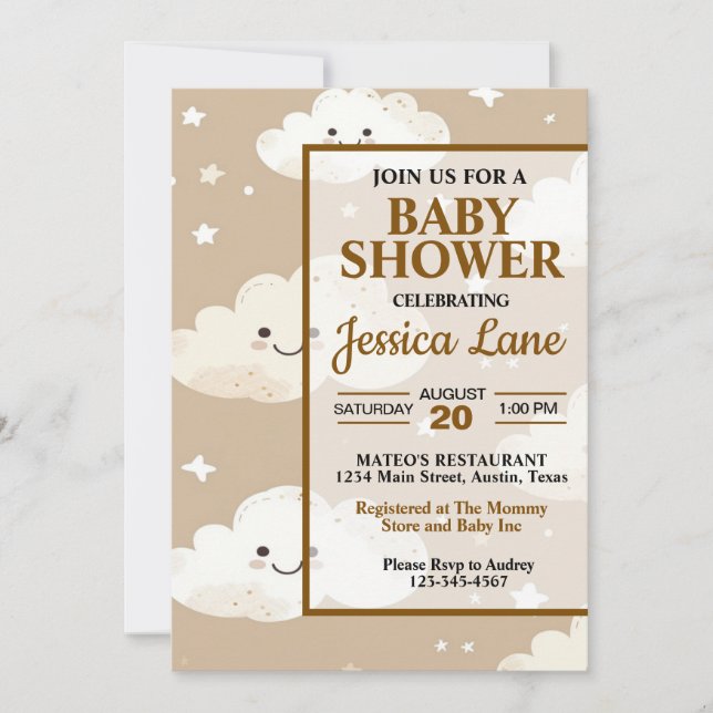 Mignons nuages souriants Invitation Baby shower (Devant)