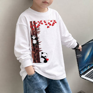 Mignons Pandas Grimpant Bambou avec Coeurs Enfants