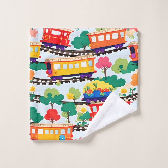 Mignons trains et arbres bleu motif (Gant de toilette)