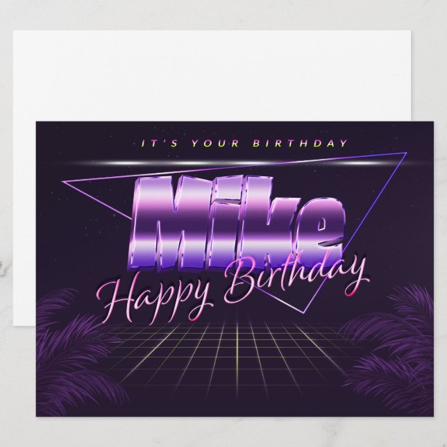 Mike prénom carte rétro lilas anniversaire (Devant / Derrière)