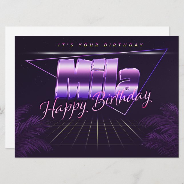 Mila Nom Prénom carte rétro lilas Anniversaire (Devant / Derrière)