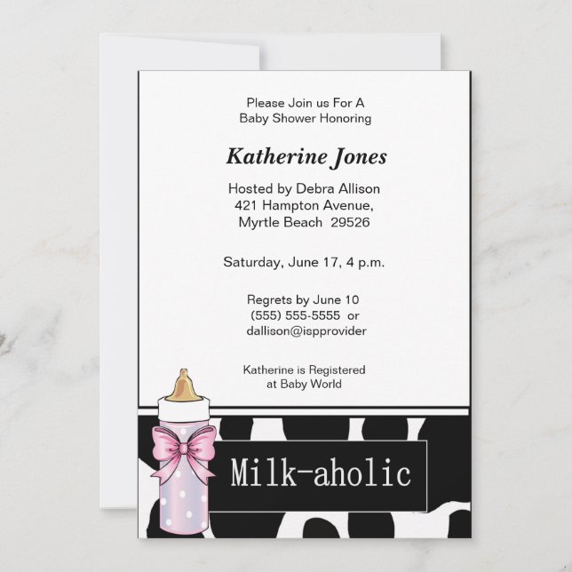 Milkaholic Baby Girl Shower Invitation (Devant)