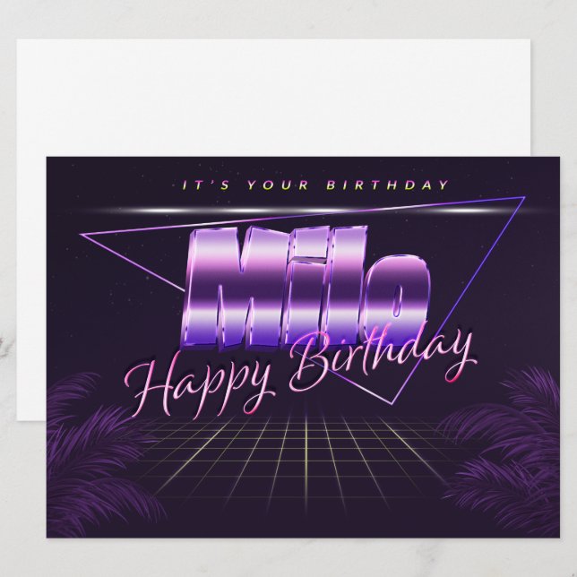 Milo Nom Prénom carte rétro lilas Anniversaire (Devant / Derrière)