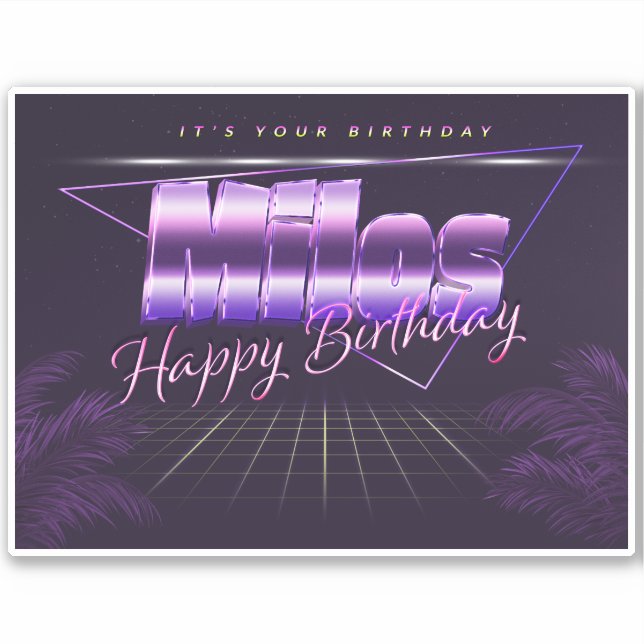 Milos prénom autocollant rétro lilas anniversaire (Devant)