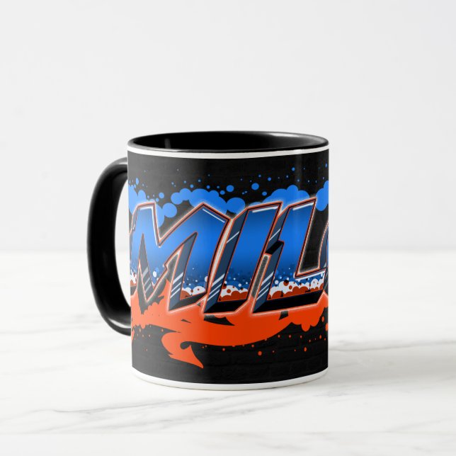 Milos prénom nom Graffiti bleu orange tasse (Devant gauche)