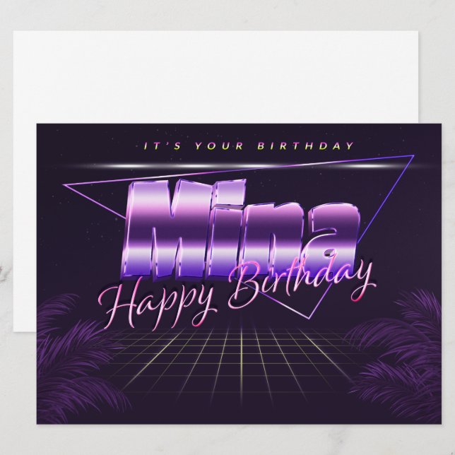 Mina Nom Prénom lila retro Carte Anniversaire (Devant / Derrière)