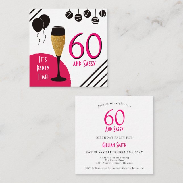 MINI | 60 Sassy Artsy Pink Black Gold Invitation (Devant / Derrière)