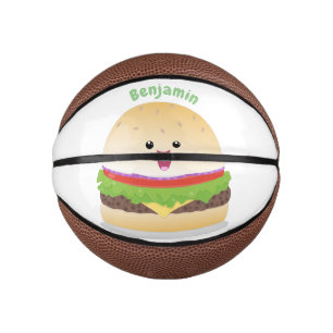 Mini Ballon De Basket Caricature de hamburger kawaii joyeux