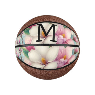 Mini Ballon De Basket Dentelle monogramme fleurs de magnolias roses viol