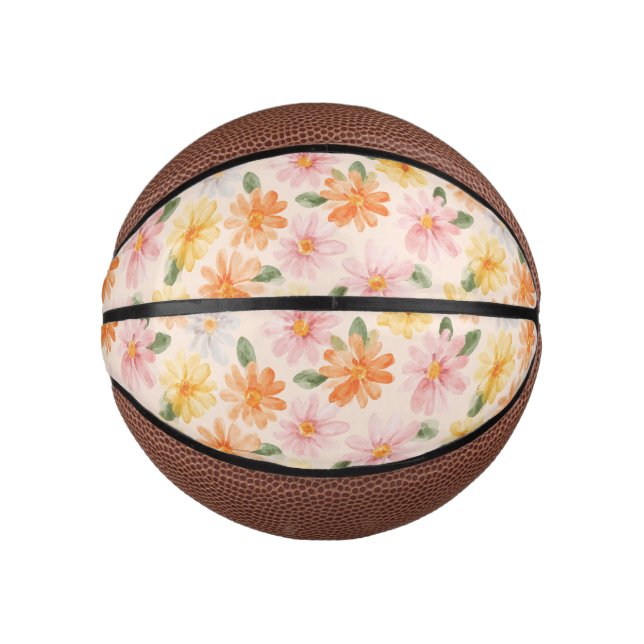 Mini Ballon De Basket Fleurs Rose Jaune Bleu Pêche  (Devant)