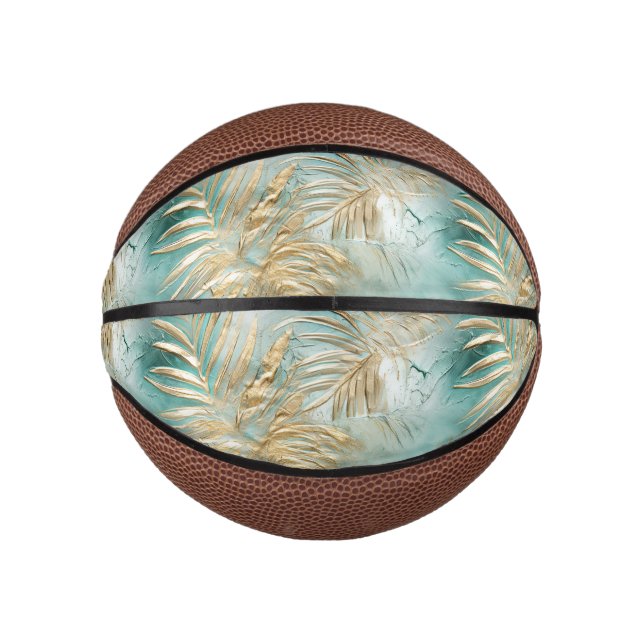 Mini Ballon De Basket Gold Aqua White Feuilles tropicaux (Devant)
