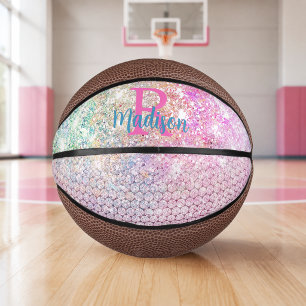 Mini Ballon De Basket Joli monogramme de licorne rose faux paillettes