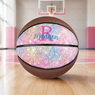 Mini Ballon De Basket Joli monogramme licorne iridescent rose faux paill