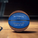 Mini Ballon De Basket Joueur de l'équipe du lycée bleu Diplôme sur mesur<br><div class="desc">Ce basketball royal bleu classique est customisé avec votre nom d'école secondaire, l'année de remise des diplômes et le nom du joueur. Customisez ce cadeau de graduation cool pour un joueur ou un entraîneur de basket-ball senior. Personnalisez avec votre équipe en blanc sous l'école en or. Un grand cadeau pour...</div>