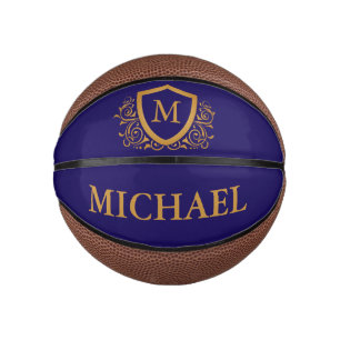 Mini Ballon De Basket Nom du monogramme personnalisé bleu et or de la ma