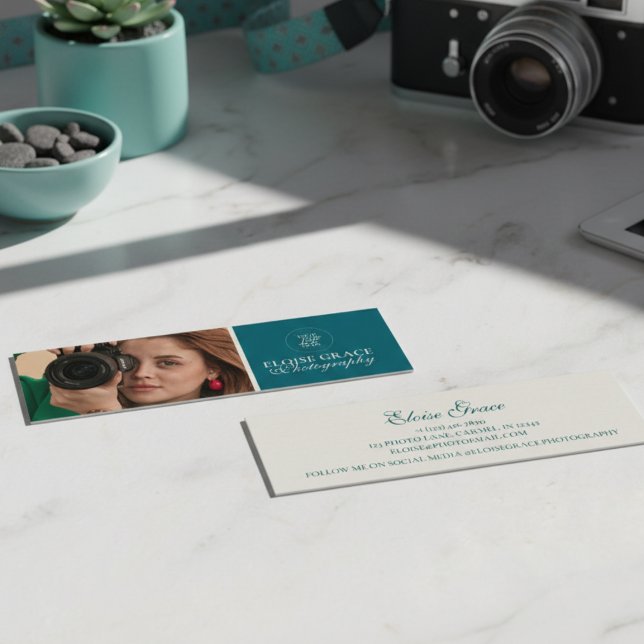 Mini Carte de visite de photographe moderne turquoise  (This modern, mini business card features horizontal headshot photo and professional typography!)