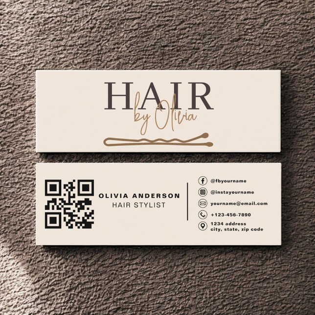 Mini Carte de Visite Moderne Coiffeur Beige Neutre QR C (Créateur téléchargé)