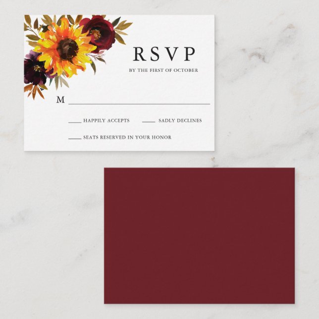 Mini carte RSVP Mariage de tournesol floral rustiq (Devant / Derrière)