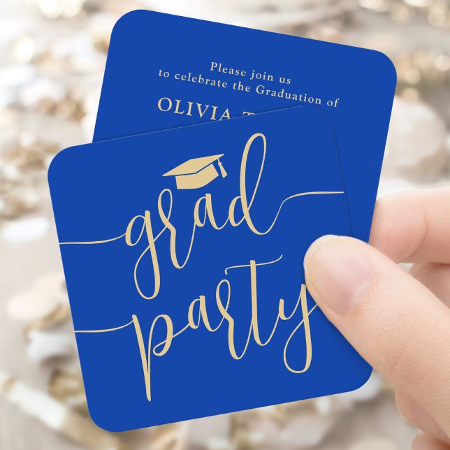 Mini Graduation Party Invitation Blue & Gold Card (Créateur téléchargé)