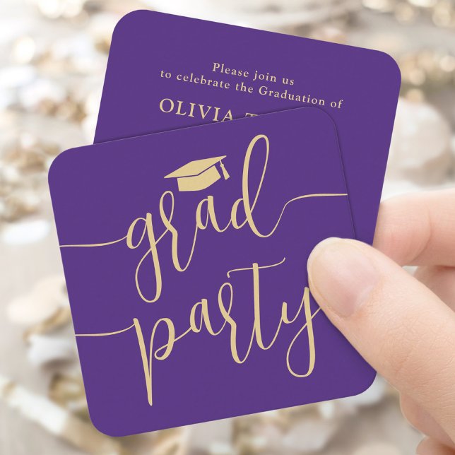 Mini Graduation Party Invitation Purple Gold Card (Créateur téléchargé)