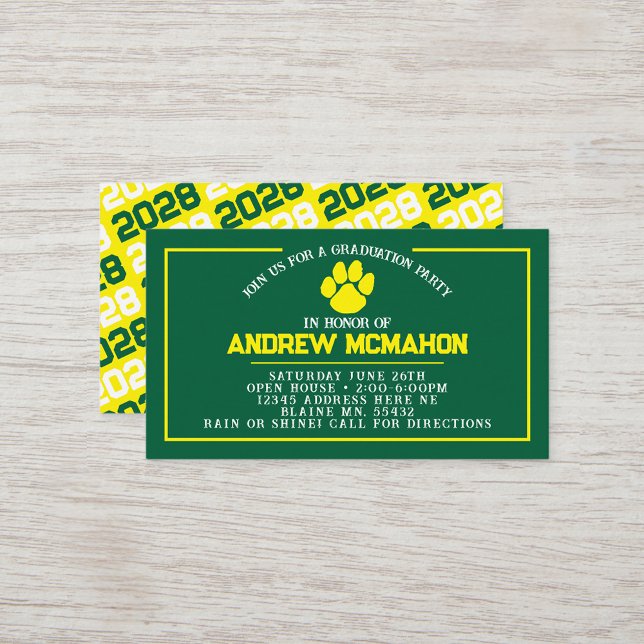 Mini Invitations de diplôme en Pawprint vert et ja (Green & Yellow Pawprint Mini Graduation Invites for Friends, Team Mates or as Inserts!)