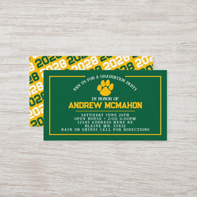 Mini Invitations de diplôme Green & Gold Pawprint (Green & Gold Pawprint Mini Graduation Invitations for friends, classmates, teammates or announcement)